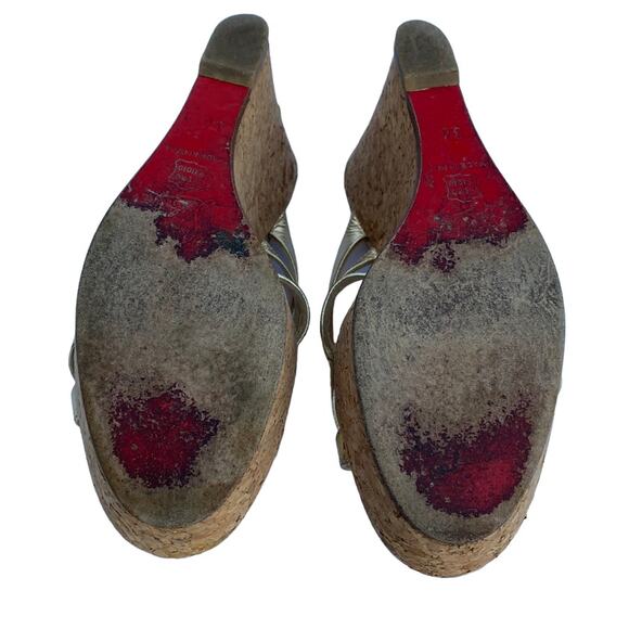 Louboutin 36 Gold Metallic Cork Wedge Mule Sandals - Picture 8 of 13